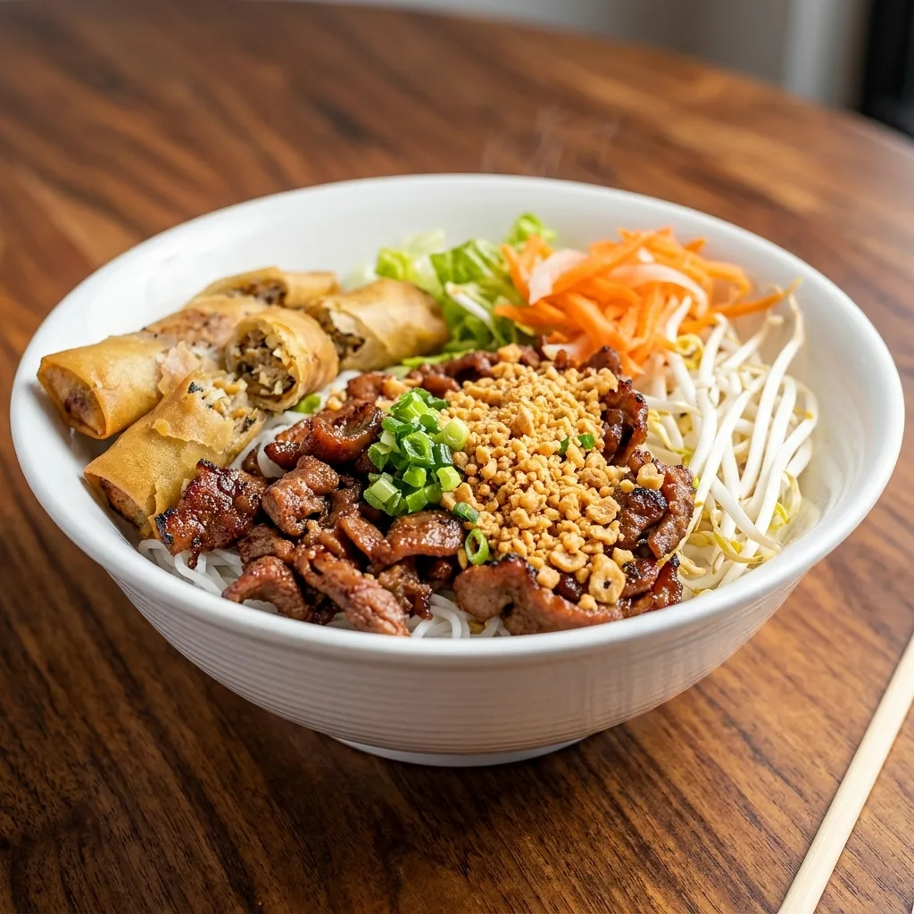 Vermicelli bowl with charbroiled pork and crispy spring rolls (#54) at Phuong Nam Restaurant, Winnipeg